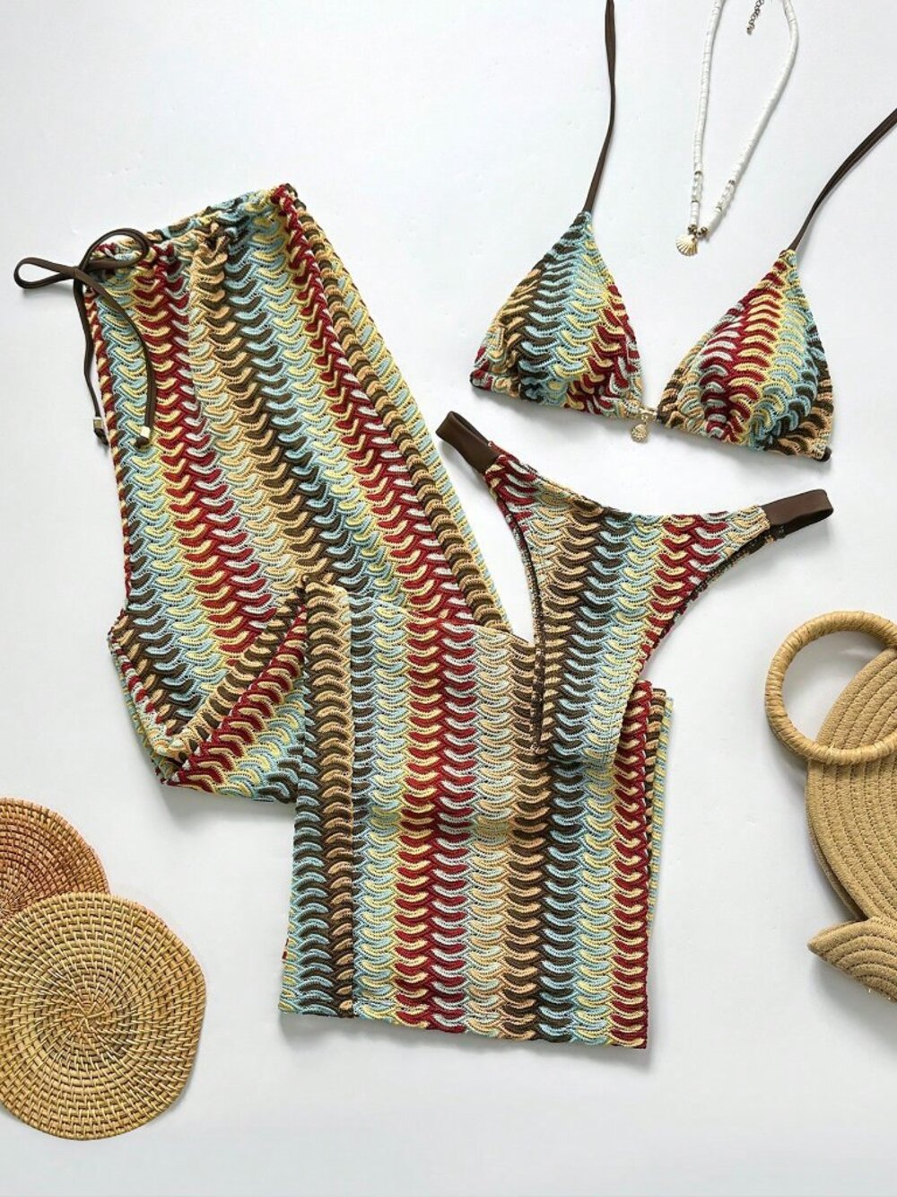 Multicolor Casual Women's Striped Bikini And Pants Set
